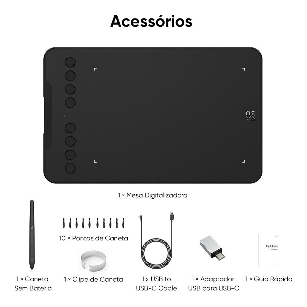 Czarny tablet graficzny z piórkiem, końcówkami, kablem, adapterem i instrukcją.