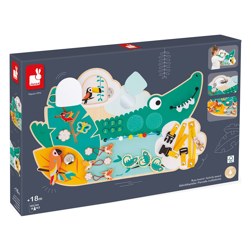 Pannello attività Janod coccodrillo con uccelli, numeri e fibbie per bambini.