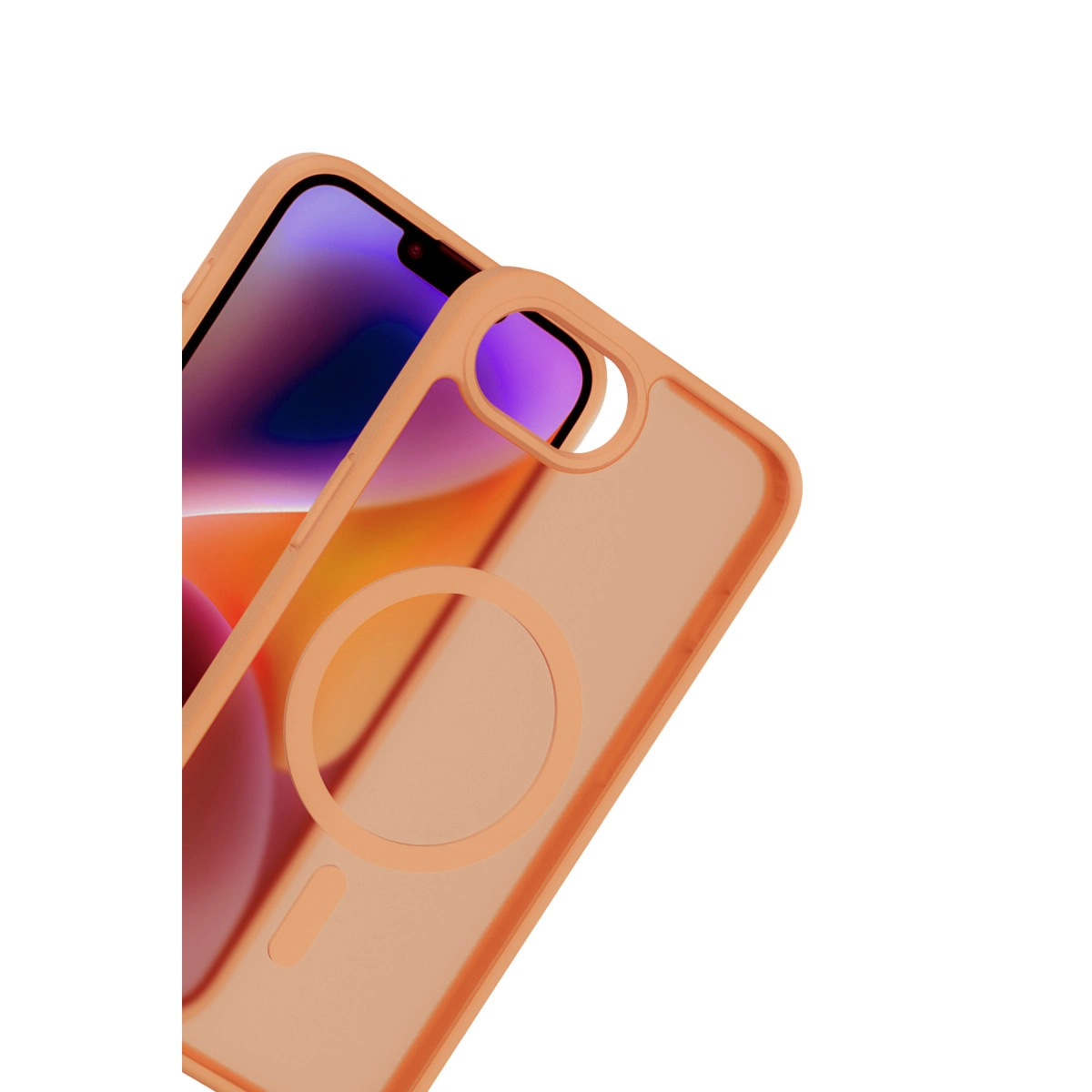 Beyaz arka plan üzerinde dairesel tasarımlı şeftali rengi telefon kılıfı.