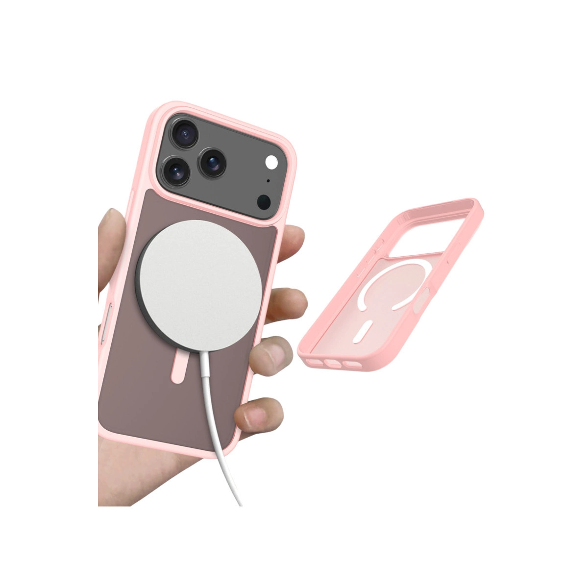 El, MagSafe şarj cihazı ve kablosu takılı pembe iPhone kılıfı tutuyor.