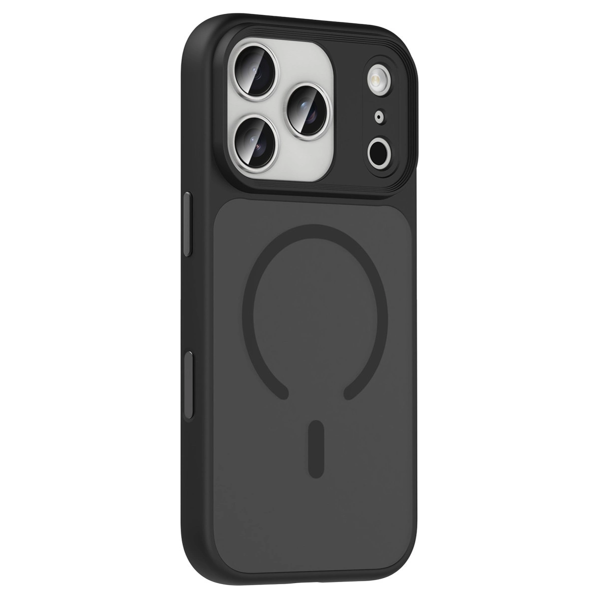 Üç kamera lensli ve manyetik halkalı siyah telefon kılıfı.
