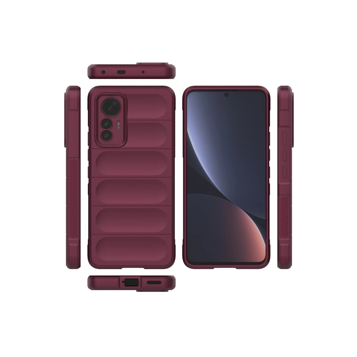 Kapitone tasarımlı bordo telefon kılıfı, çeşitli açılardan gösteriliyor.