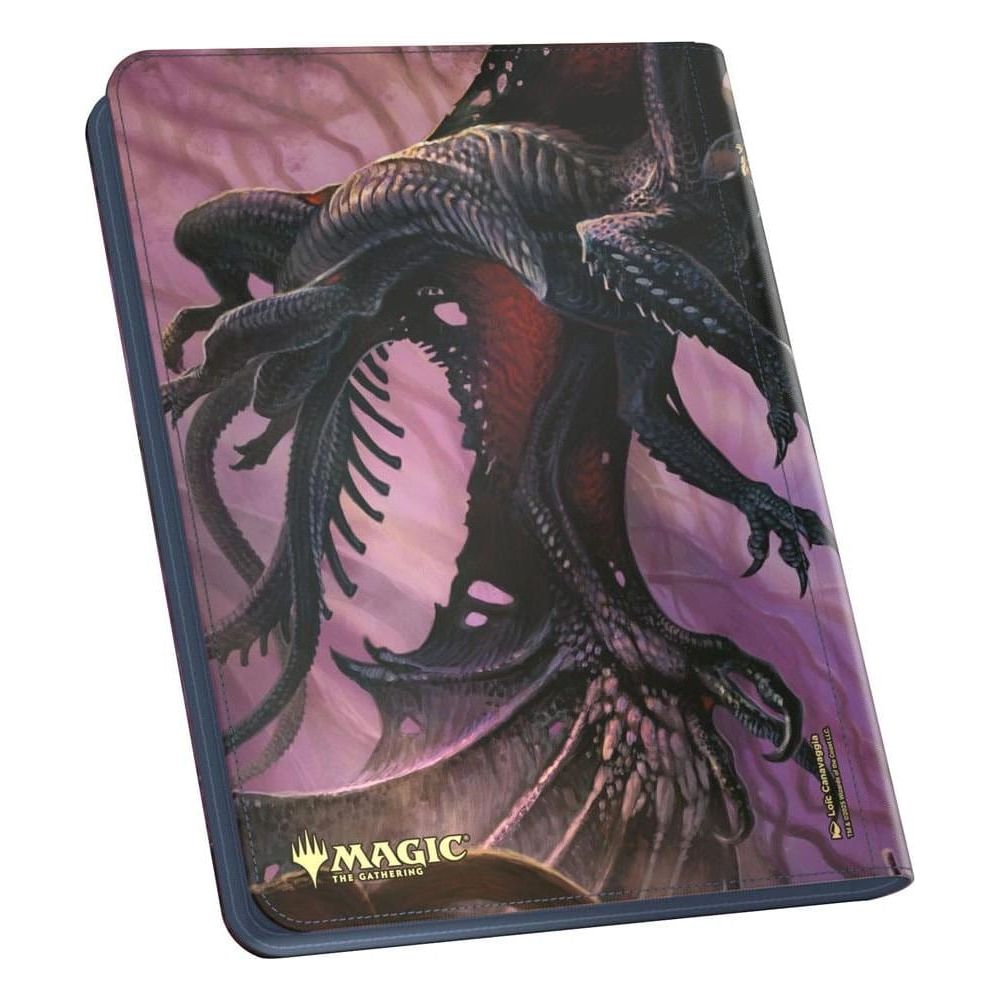 Un dragon noir avec de nombreux membres sur fond violet.