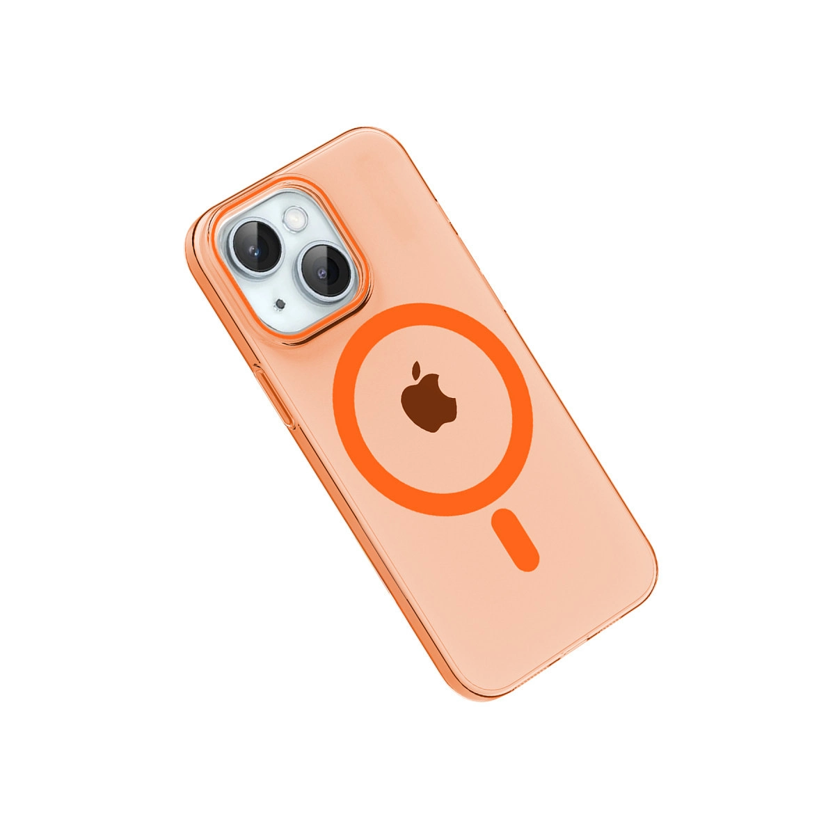 Beyaz arka plan üzerinde Apple logosu ve şarj halkası bulunan turuncu şeffaf telefon kılıfı.