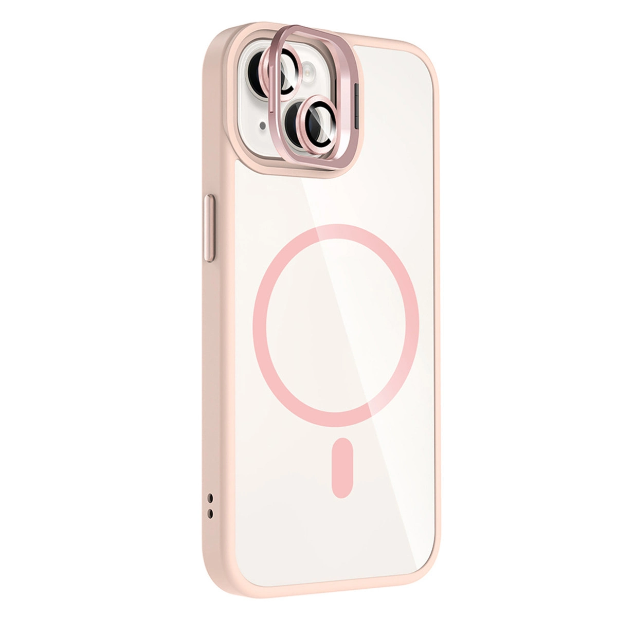Şeffaf arka ve kamera çerçeveli açık pembe telefon kılıfı.