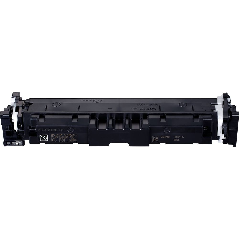 Czarny toner Canon T12 z białymi nakładkami i tekstem.