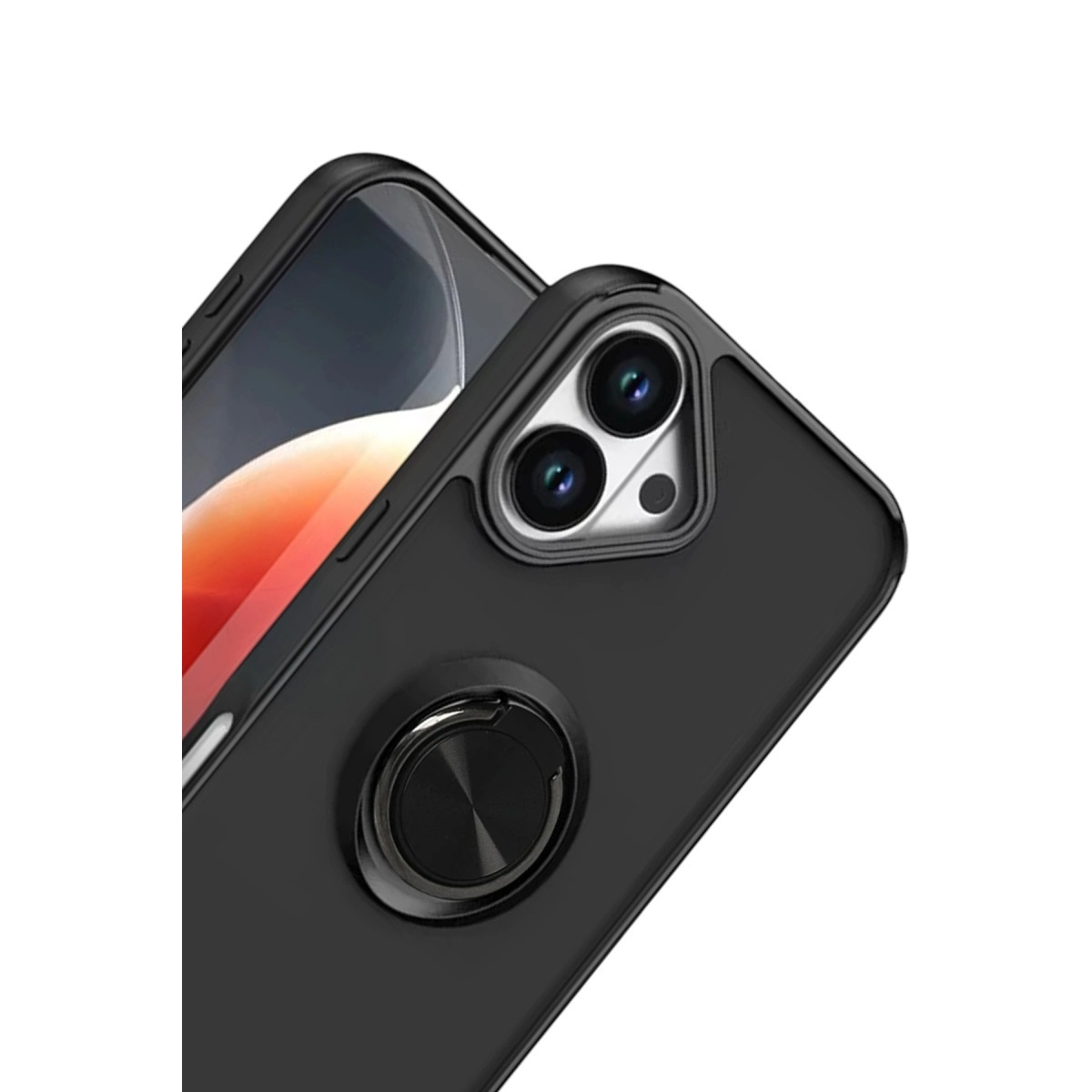 Halka tutuculu ve kamera modüllü siyah telefon kılıfı