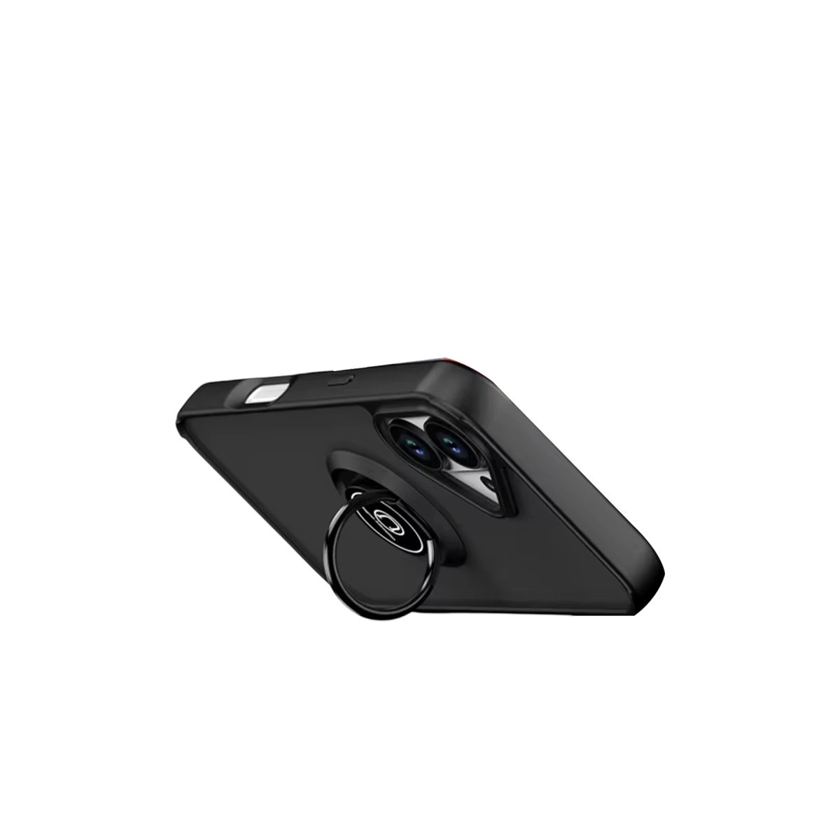 Halka tutuculu ve kamera modüllü siyah telefon.