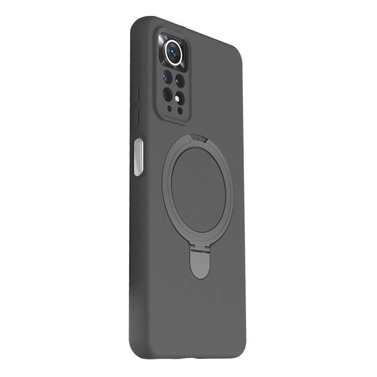 Halka tutuculu ve kamera kesimli koyu gri telefon kılıfı.