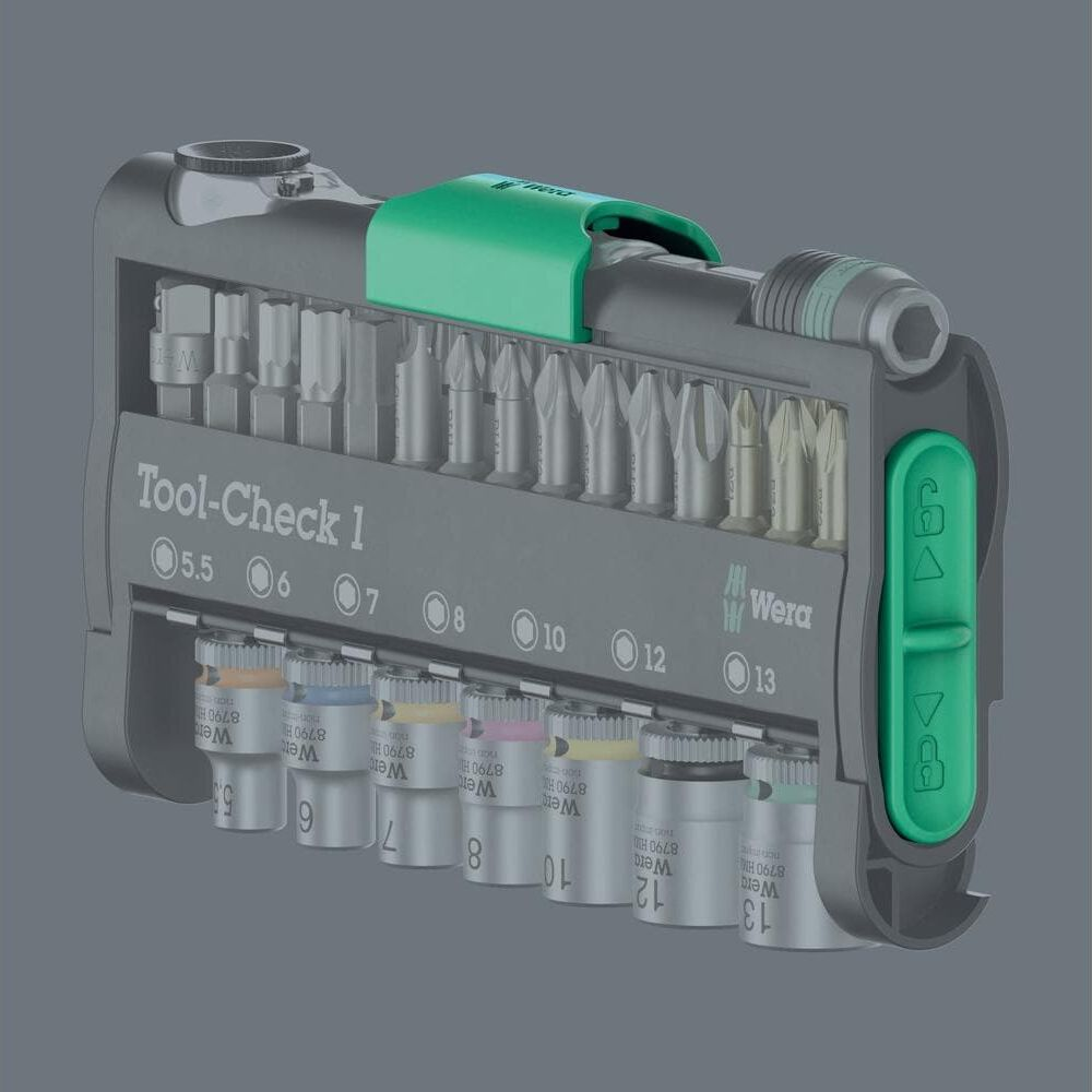 Ein Werkzeugkasten mit Bits und Stecknüssen, Wera Tool-Check 1.