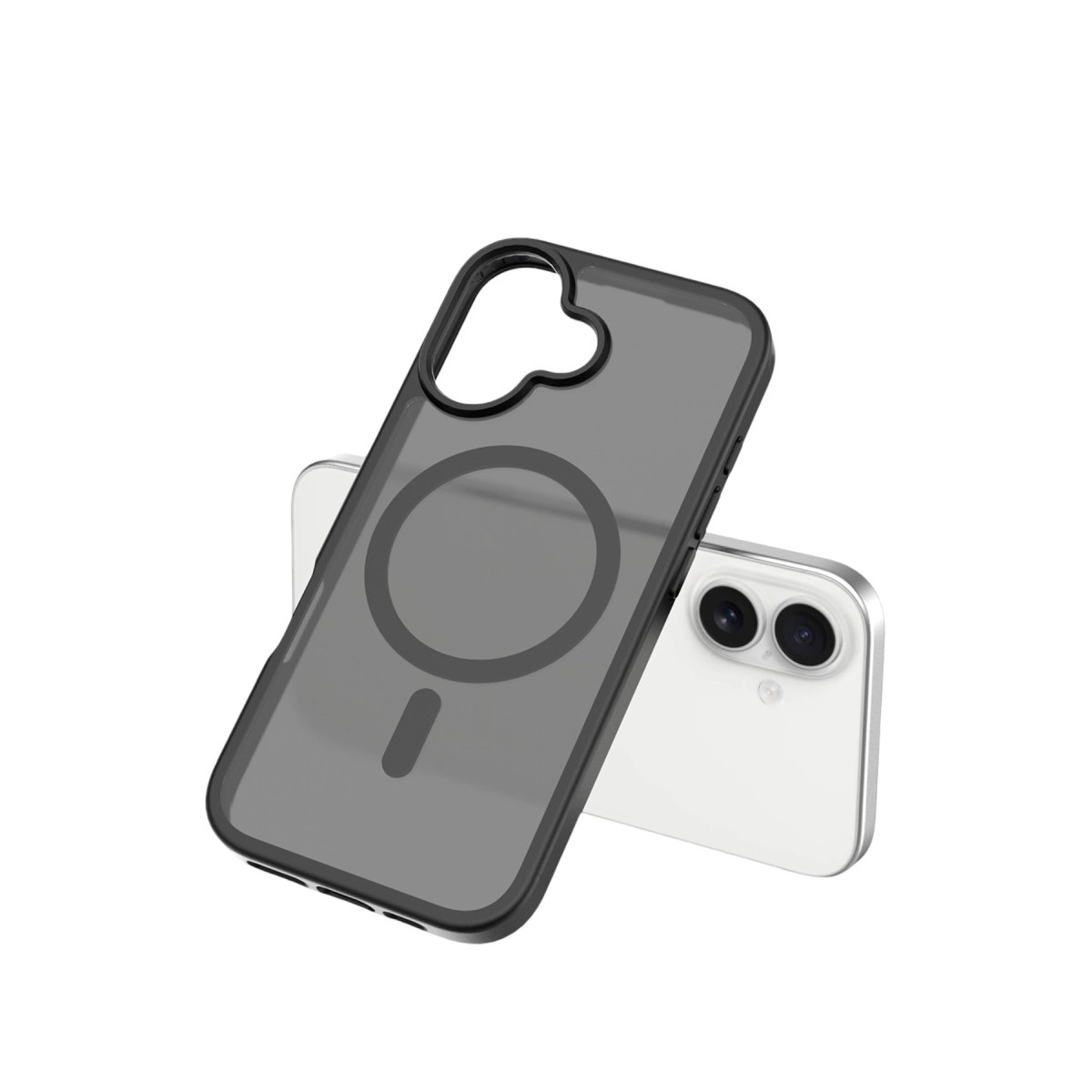 Beyaz bir akıllı telefonun üzerinde koyu renkli koruyucu kılıf duruyor.