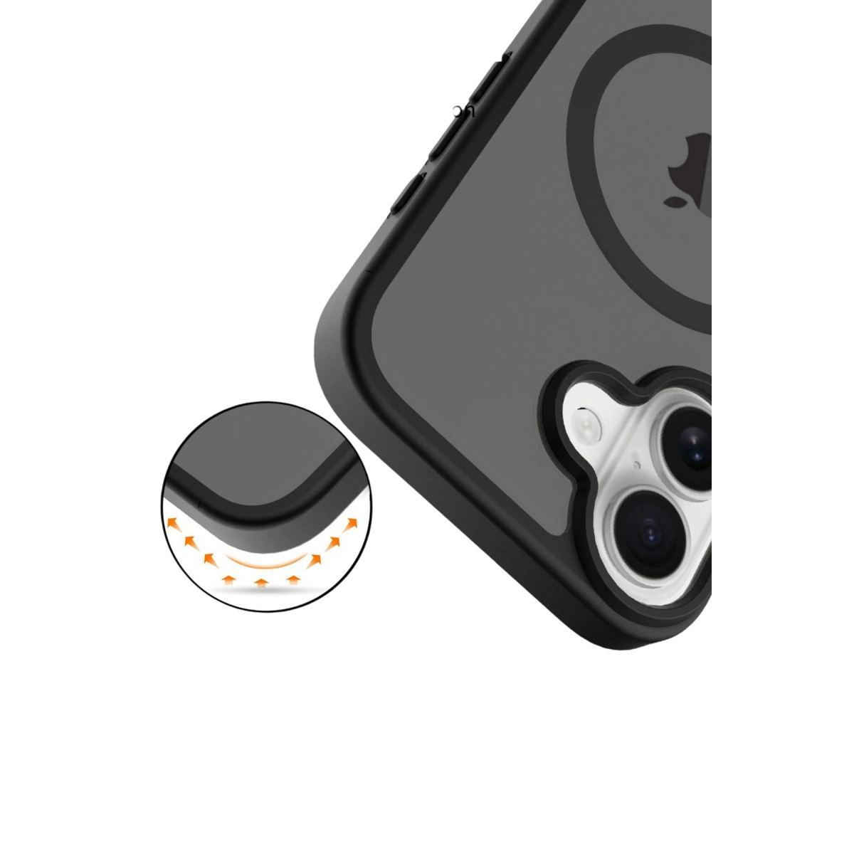 Üç kamera ve Apple logosu için kesikli siyah telefon kılıfı.