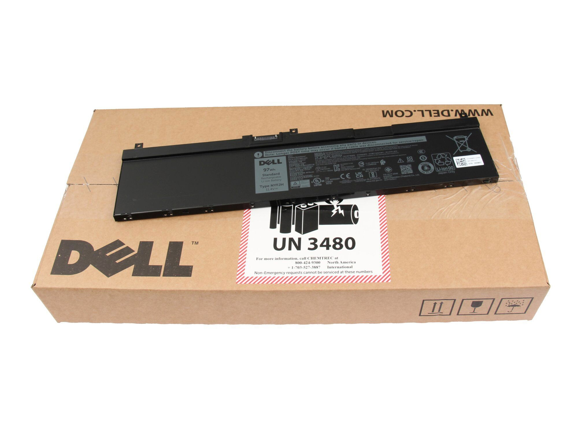 Schwarzer Dell Laptop-Akku auf brauner Dell-Verpackung mit UN 3480-Aufkleber.
