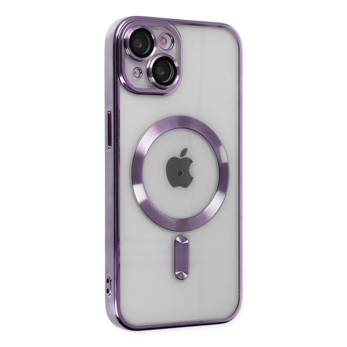 Kameralı ve Apple logolu mor iPhone kılıfı.
