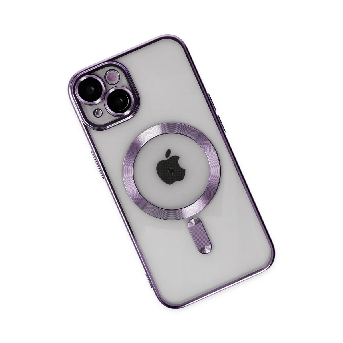 Apple logosu ve MagSafe halkası olan mor iPhone kılıfı.