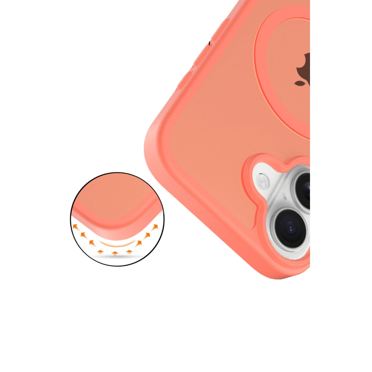 Apple logosu ve kamera lensleri olan mercan renkli telefon kılıfı.