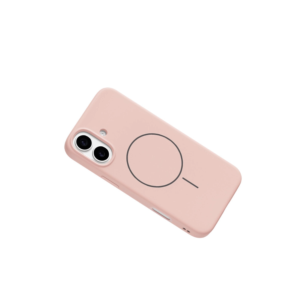 İki kamera lensli ve dairesel logolu pembe telefon kılıfı.