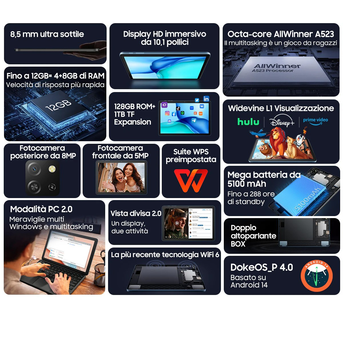 Un tablet sottile da 8,5 mm con processore Octa-core, 12 GB di RAM, 128 GB di ROM e display da 10,1 pollici.