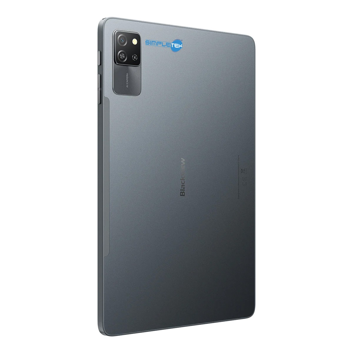Vista posteriore di un tablet grigio con doppia fotocamera e logo.