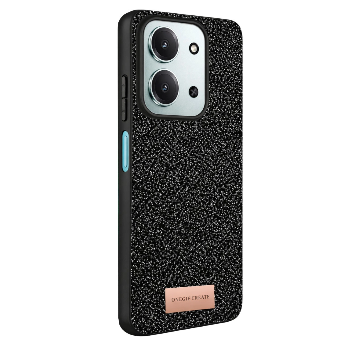 Simli dokulu, çift kameralı siyah telefon kılıfı.