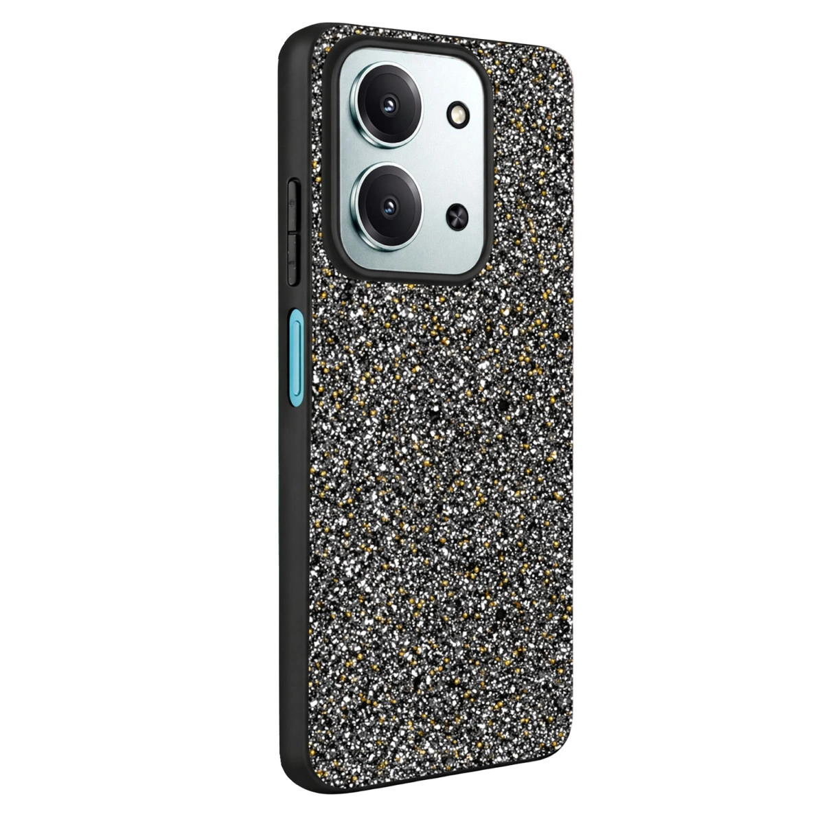 Simli siyah telefon kılıfı, iki kamera ve mavi düğme.