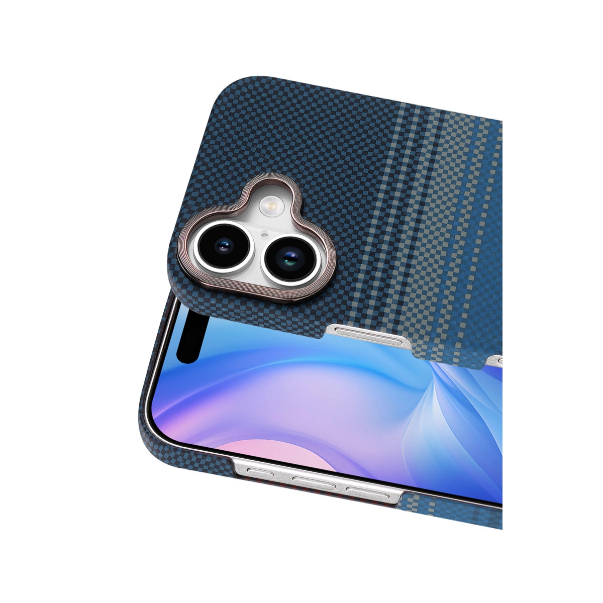 Koyu mavi damalı telefon kılıfı, çift kamera lensi ve flaş.