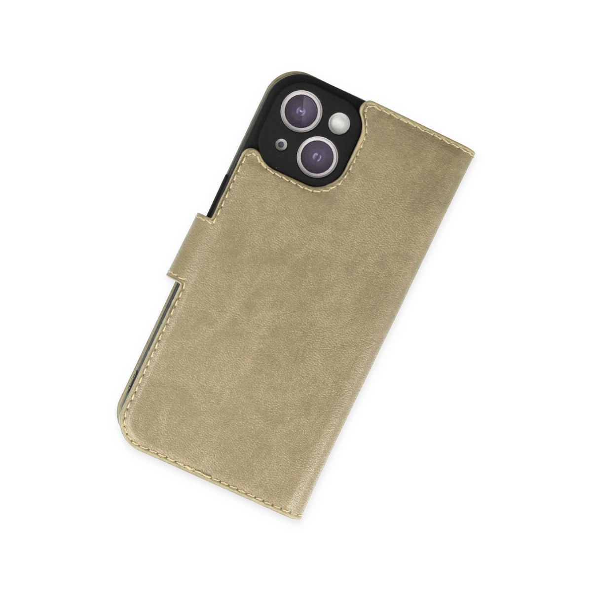 Altın rengi telefon kılıfı, kamera kesimi ve mıknatıslı kapaklı, beyaz zeminde.