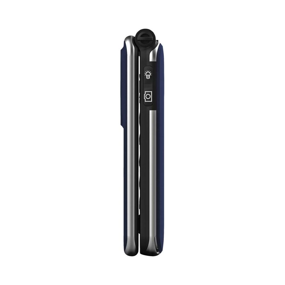 Téléphone à clapet bleu fermé avec des accents argentés et des boutons.