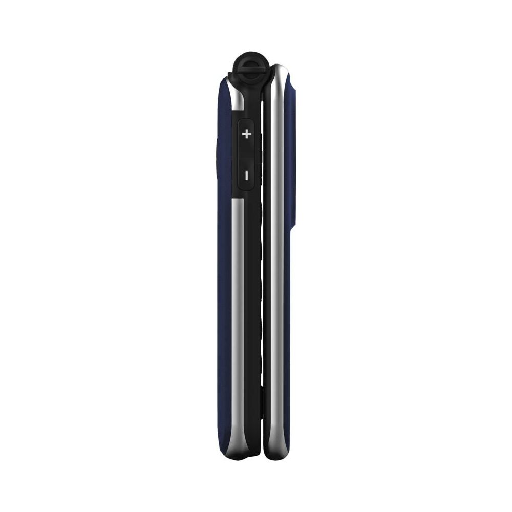 Un téléphone à clapet fermé, bleu foncé, avec des accents argentés sur fond blanc.