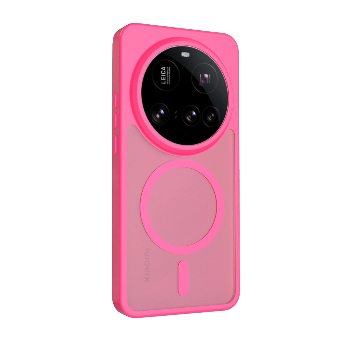 Yuvarlak kamera kesimli ve manyetik halkalı pembe telefon kılıfı.