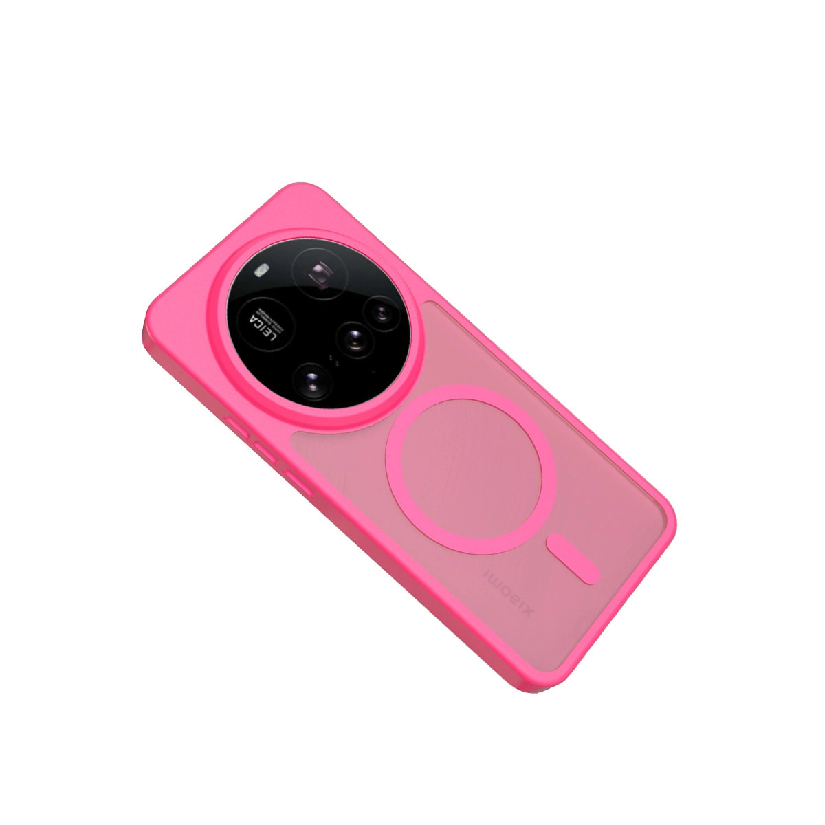 Leica logosu ve çoklu lens içeren büyük kamera çıkıntısına sahip parlak pembe telefon kılıfı.