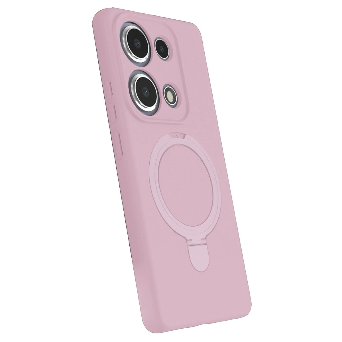 Üç kameralı ve halka tutuculu pembe telefon kılıfı.