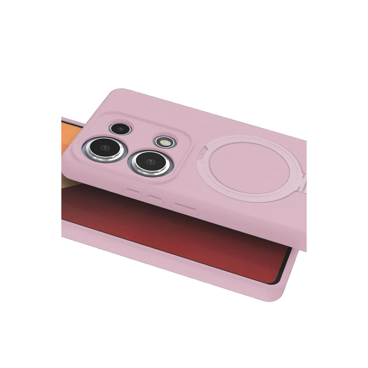Kamera modülü ve halka tutuculu pembe telefon kılıfı kırmızı bir nesnenin üzerinde duruyor.