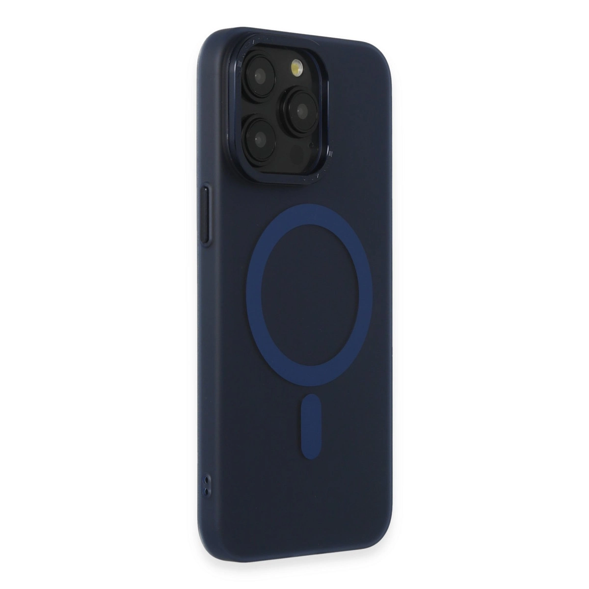 Kamera modülü ve manyetik halkalı koyu mavi telefon kılıfı.