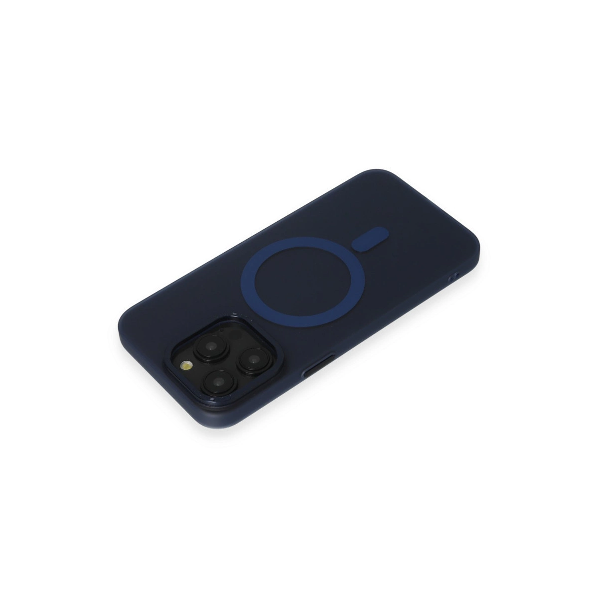 Beyaz arka planda dairesel mıknatıs desenli lacivert telefon kılıfı.