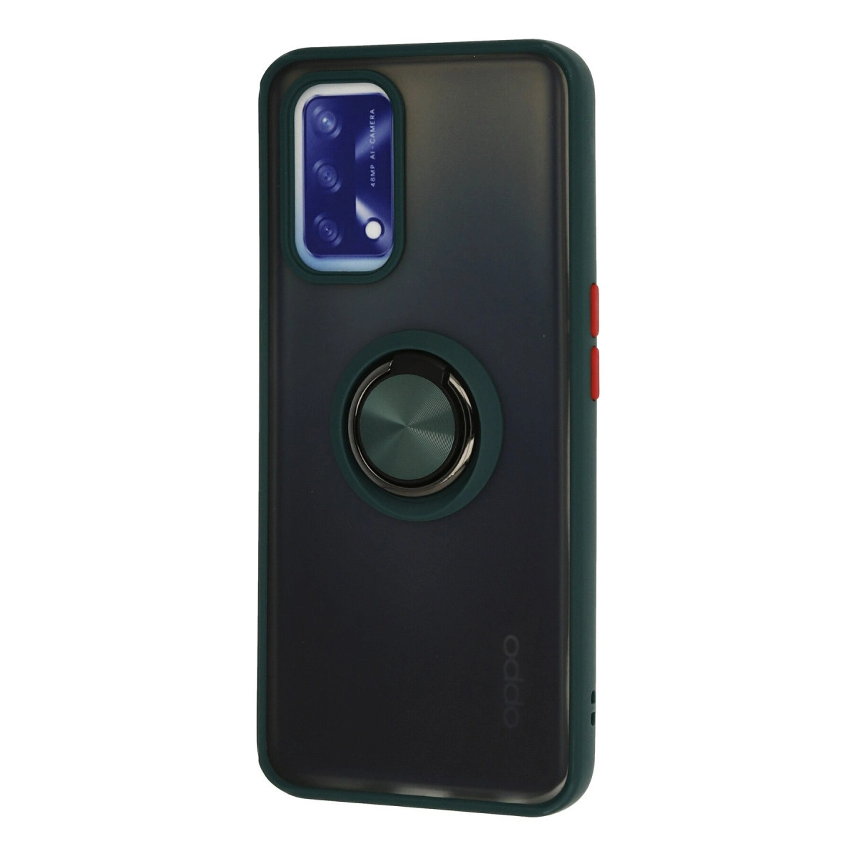 Kırmızı düğmeli, halka tutuculu koyu gri telefon kılıfı.