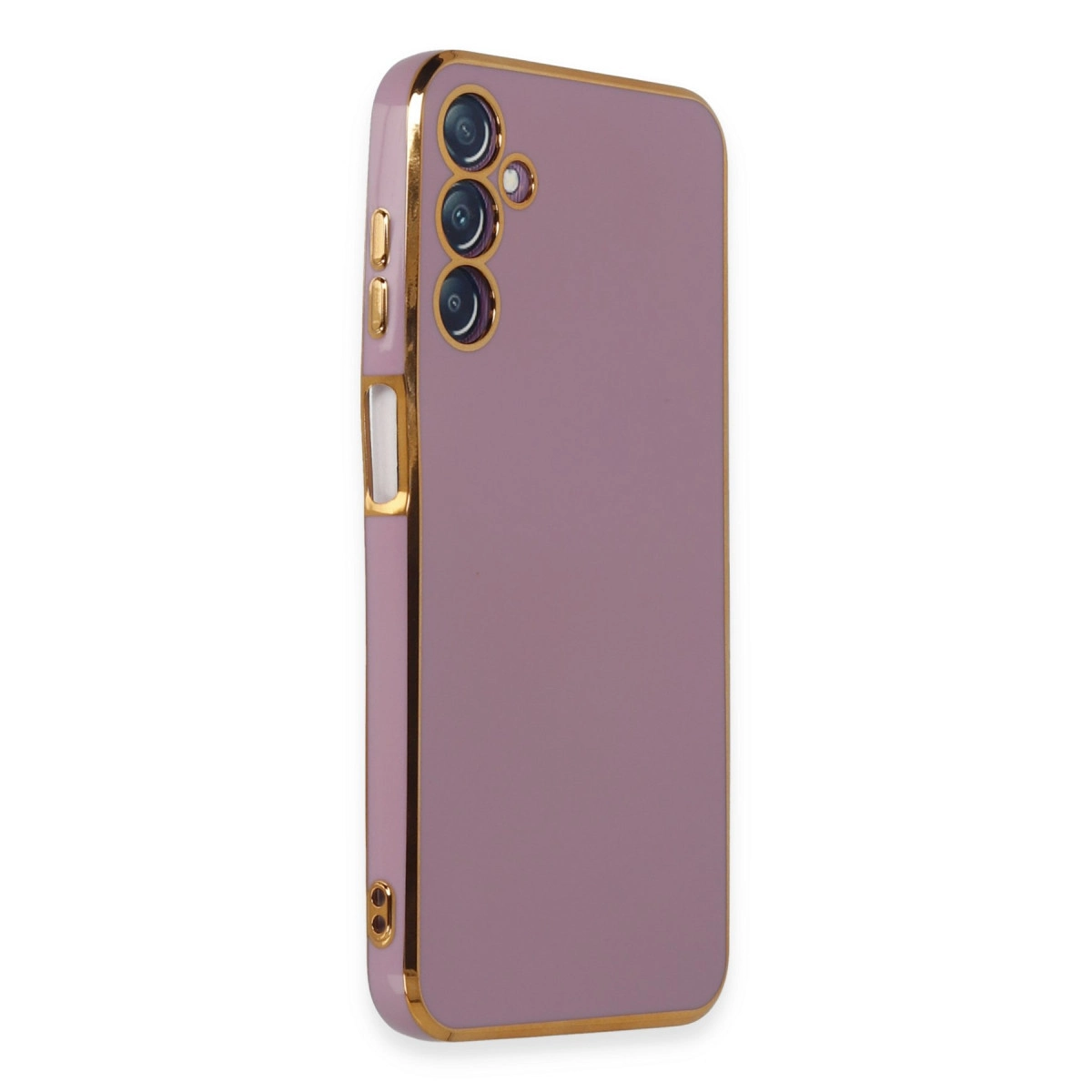 Altın süslemeli, kamera kesimli mor telefon kılıfı.