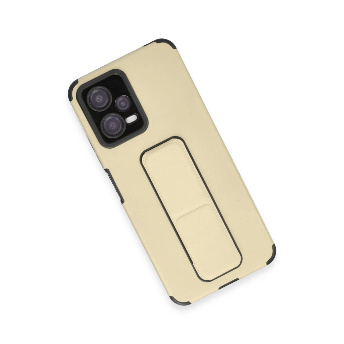 Entegre stantlı, siyah kenarlı bej telefon kılıfı.