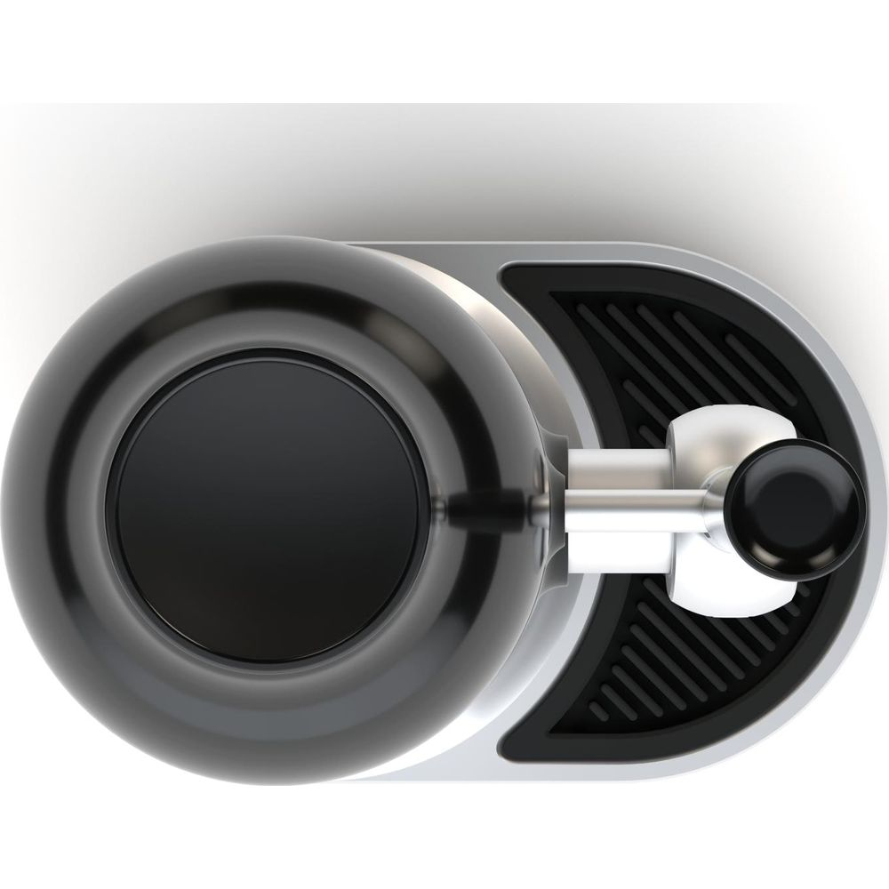 Un bouton rond noir avec une tige argentée, monté sur une base en treillis noir.