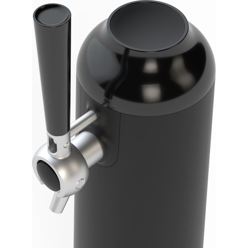 Robinet à bière noir avec levier et bec argentés sur fond blanc.