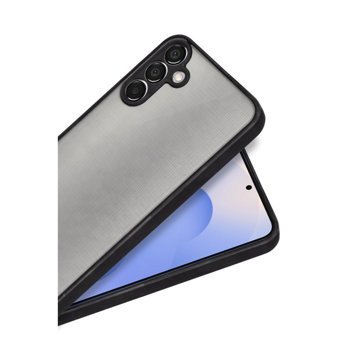 Arkada üç kamerası olan siyah çerçeveli gri telefon.