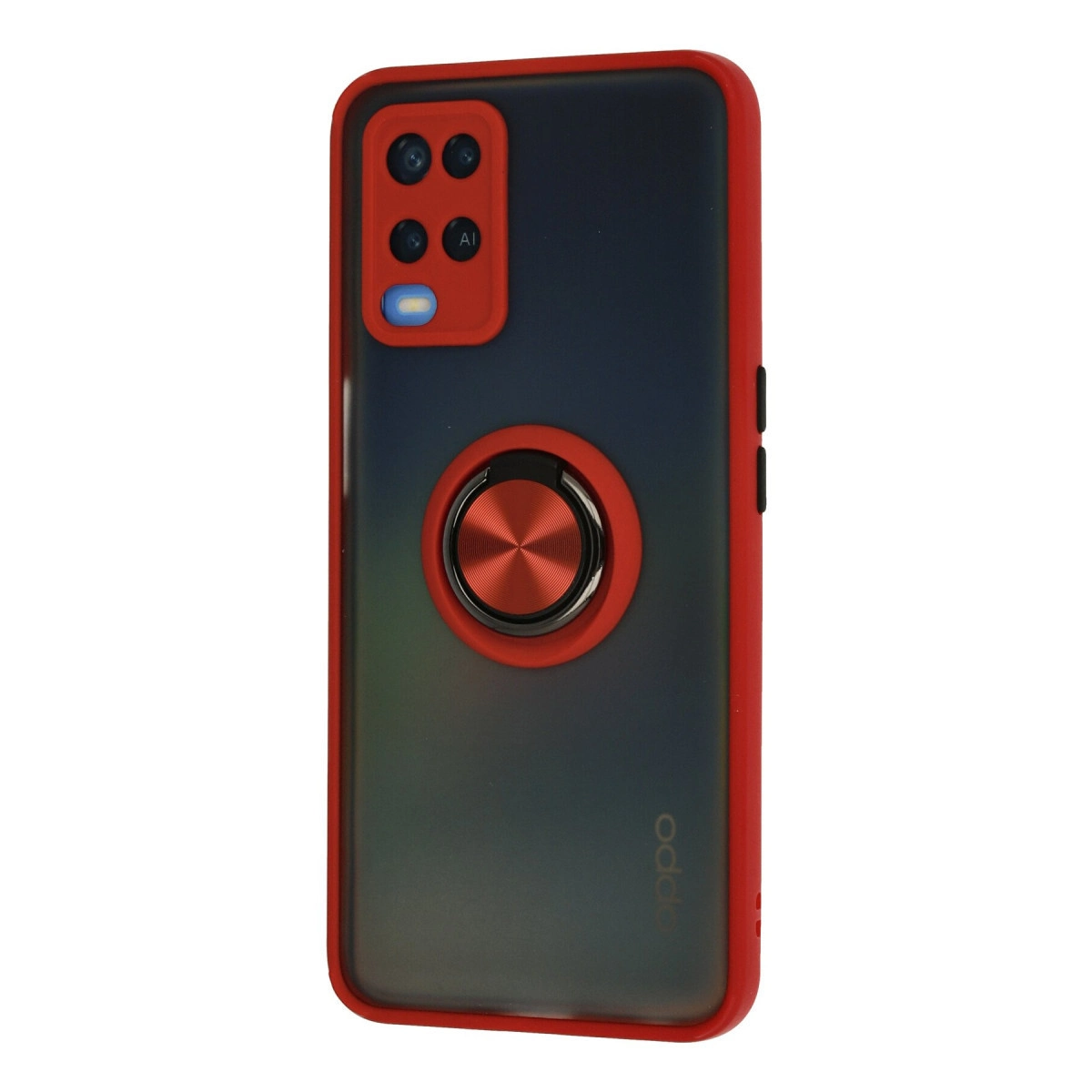 Dört kameralı ve arkada halka tutuculu kırmızı telefon kılıfı.