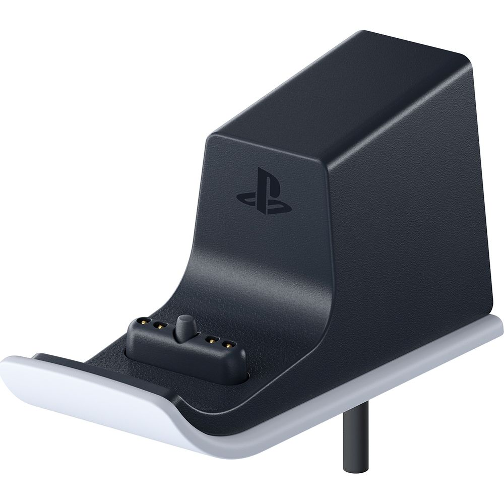 Czarny adapter ładujący z symbolem PlayStation, białą podstawą i stykami ładowania.