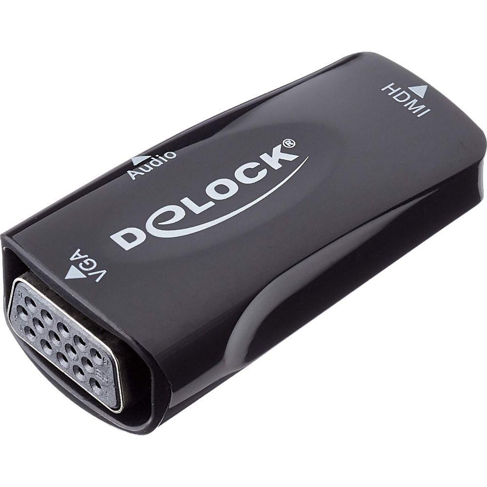 Adattatore nero Delock con etichette VGA, Audio e HDMI. Porta VGA mostrata.