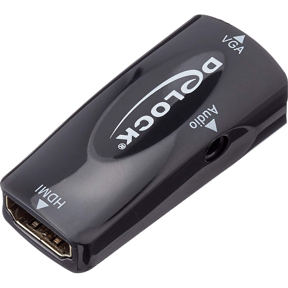 Adattatore nero Delock con ingresso HDMI, uscite VGA e Audio.
