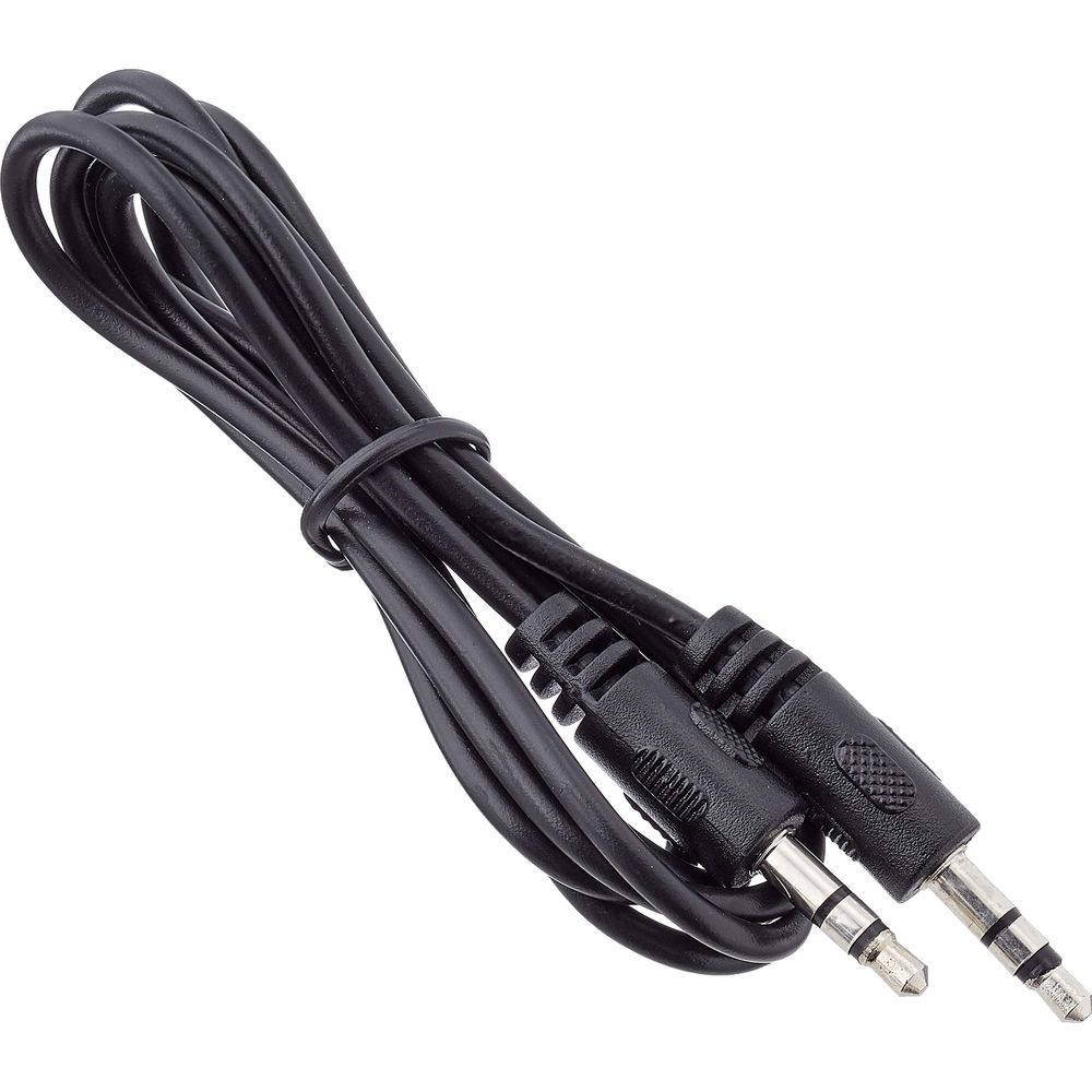Cavo audio nero con due connettori da 3,5 mm e impugnature testurizzate.