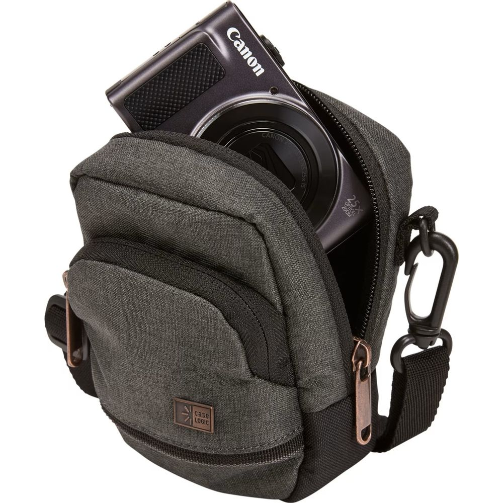 A gray camera bag with a black Canon camera partially sticking out.