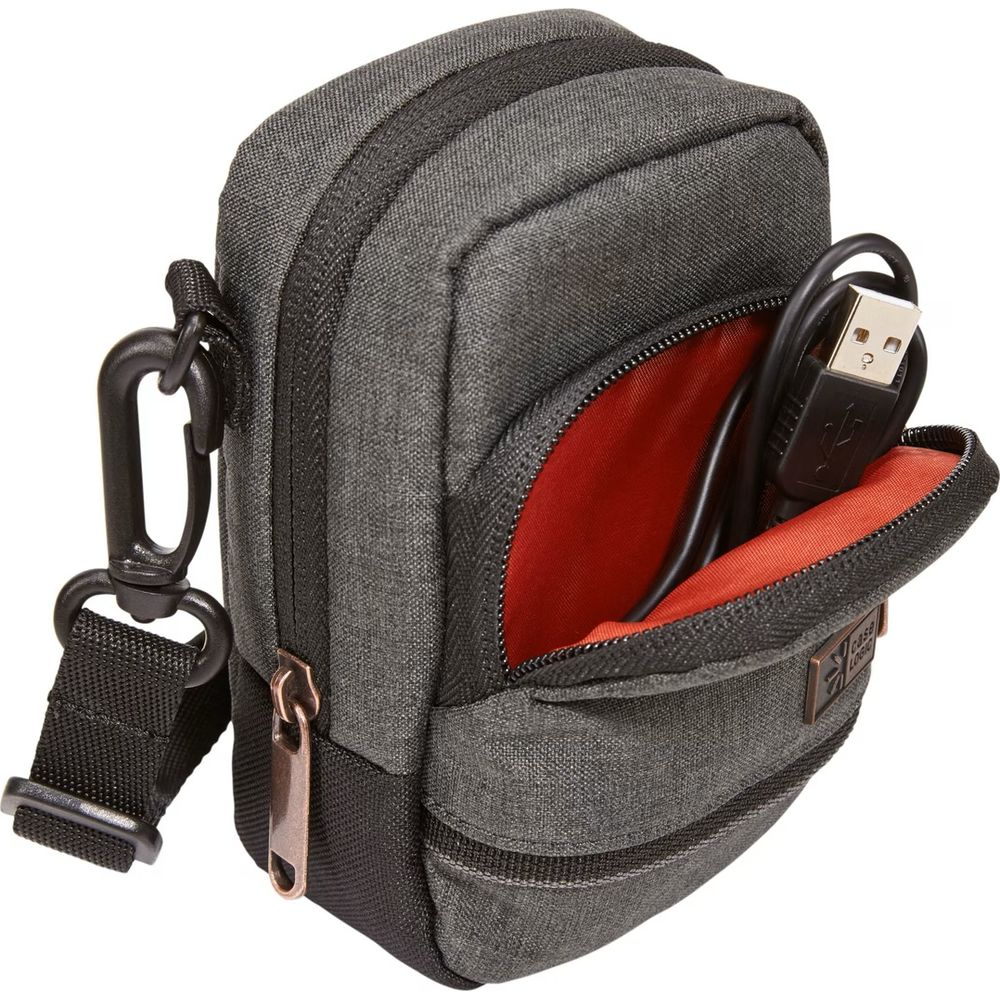 Gray fabric pouch with open compartment, USB cable visible, with strap.