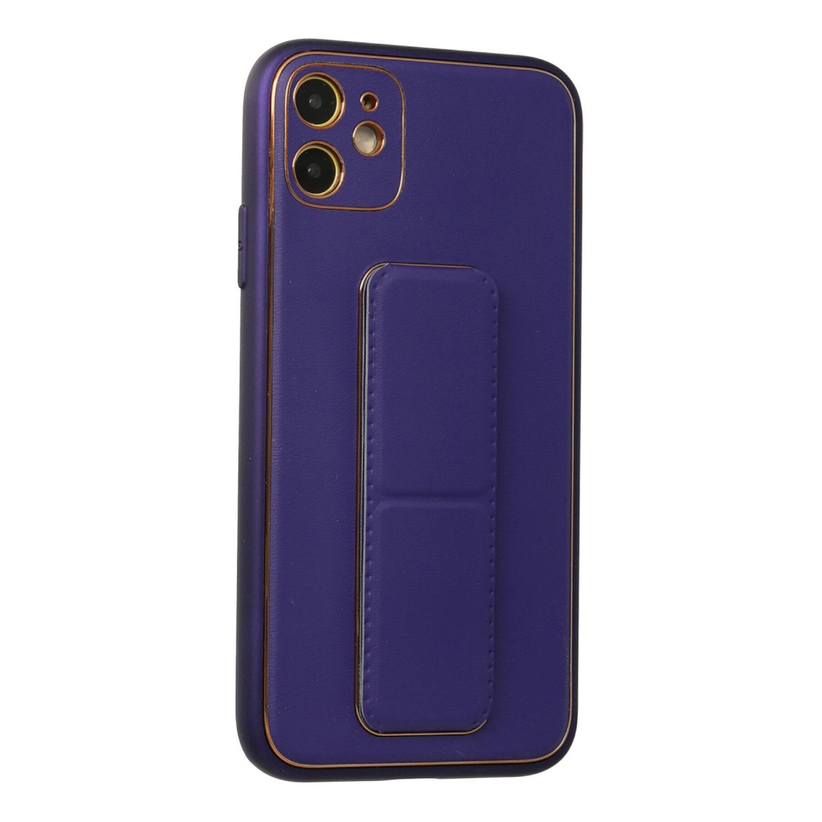 Altın kenarlı ve entegre tutmaçlı mor telefon kılıfı.