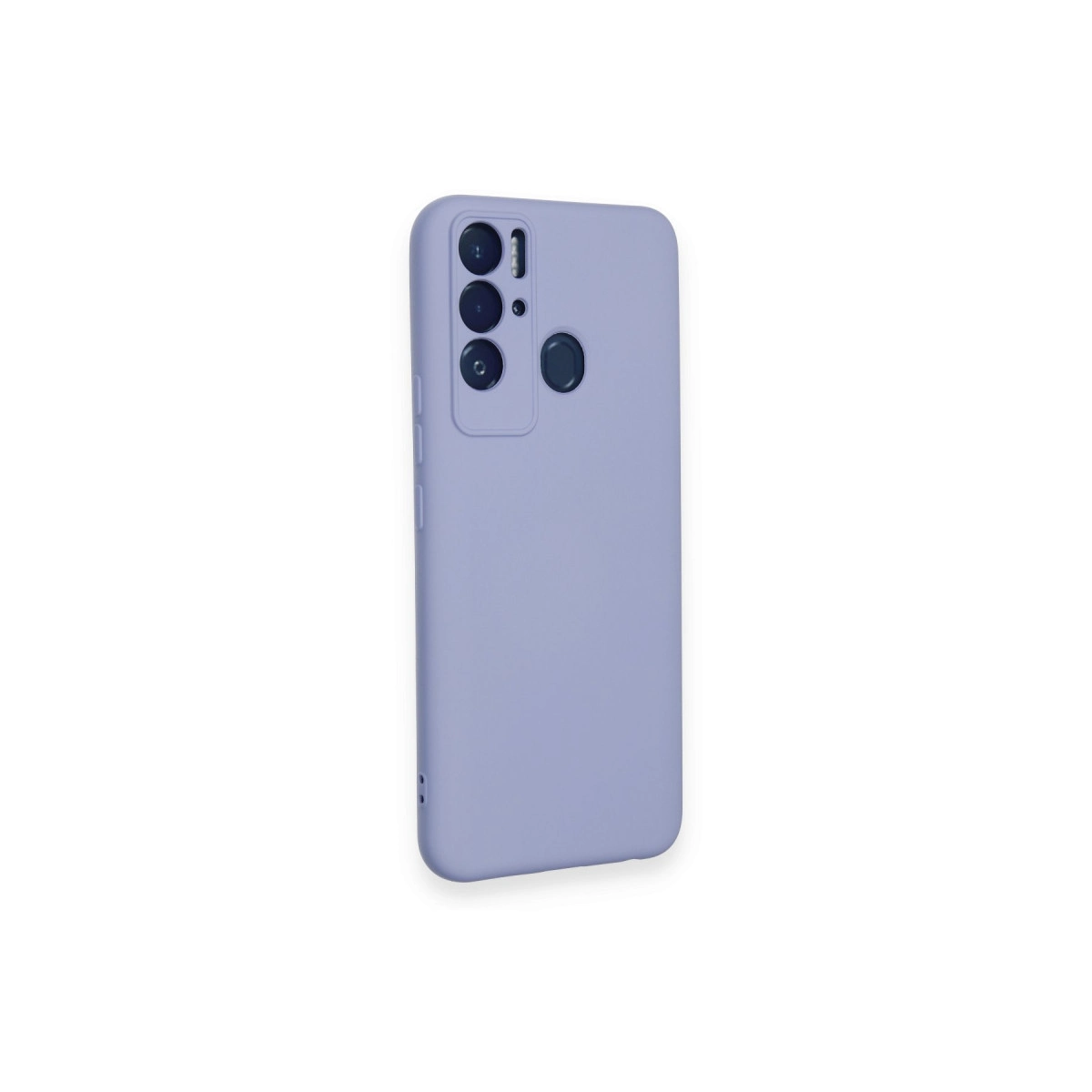 Sol tarafta kamera modülü bulunan lavanta rengi telefon kılıfı.